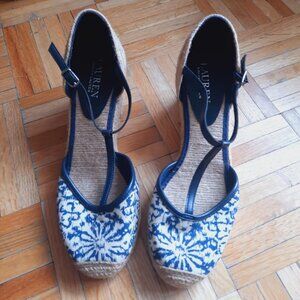 Lauren Ralph Lauren blue and white Women's Carolina Espadrille Wedge Sandal US 7